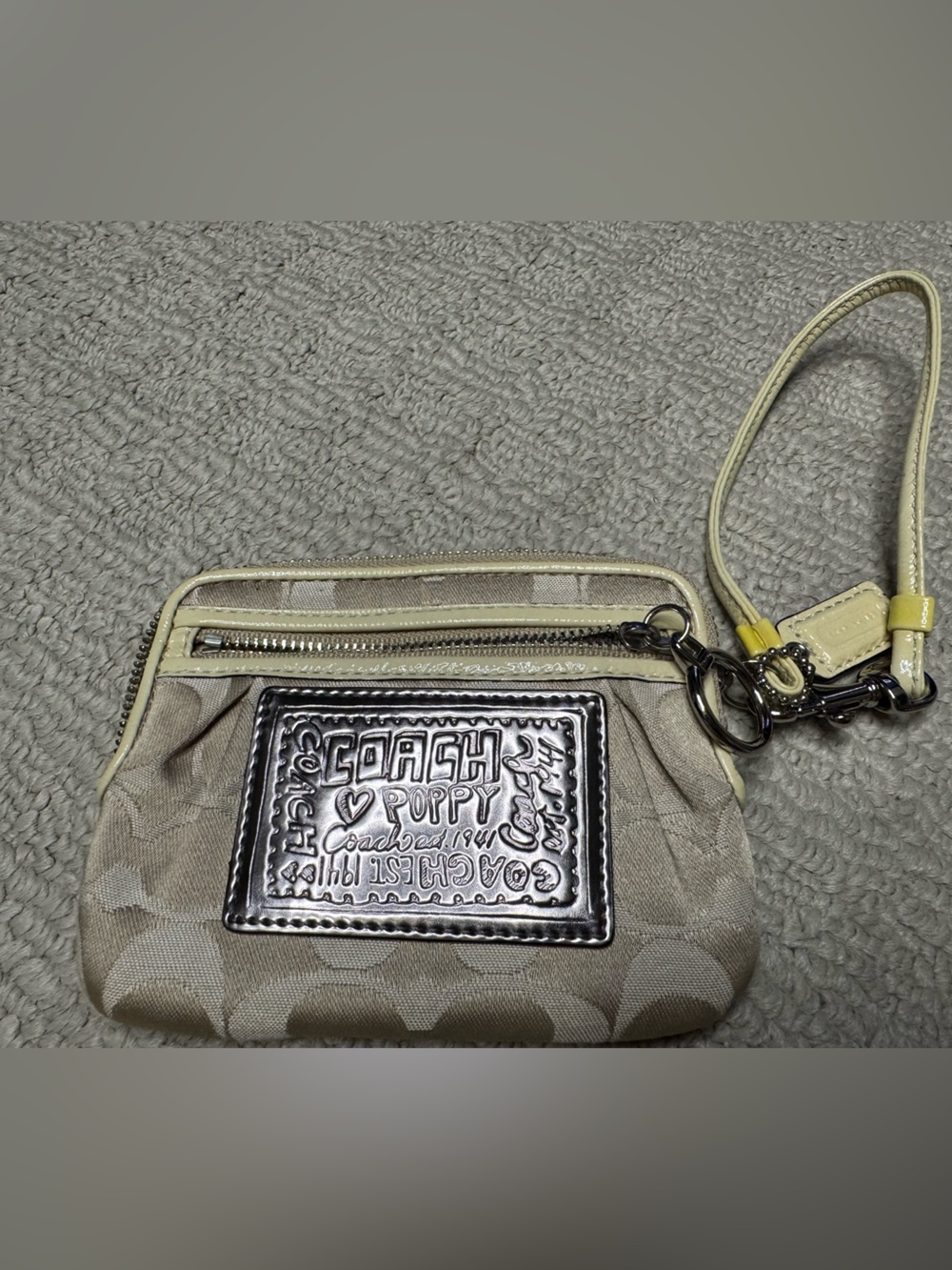 Coach Signature Poppy Wristlet in Beige with Yellow Trim
